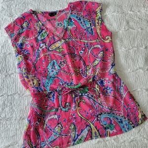 Lane Bryant Sheer Paisley Swim Cover Up Shirt 14/16 EUC Silver Thread Tie Waist